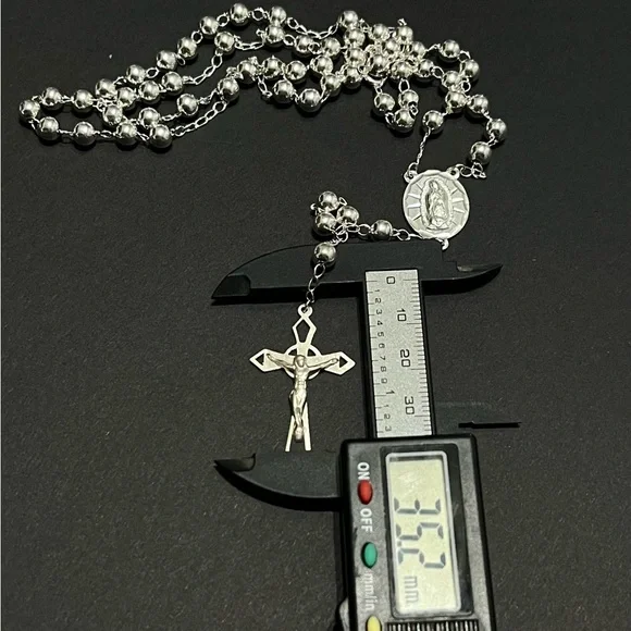 Large 925 Sterling Silver Rosary 24” 5mm Beads Rosario De Plata Handmade Italy - Picture 6 of 7